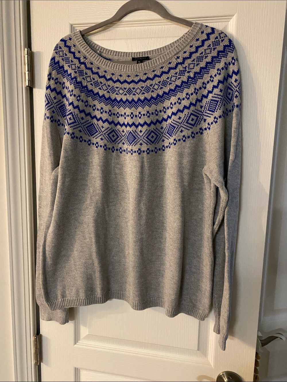 Talbots Gray Sweater with Blue Fair Isle Yoke